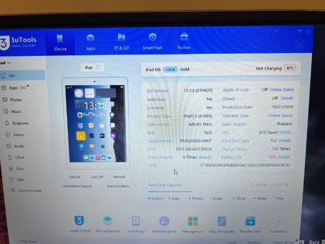 iPad Gen6 Wifi 128GB พร้อมกล่อง SNตรง

ตำหนิ-รอยนิดหน่อย

เป็นเครื่องมือสองใช้งานปกติ
 รูปที่ 5