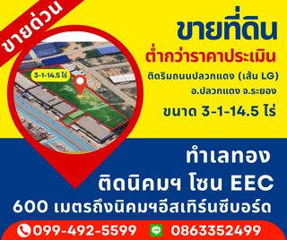 ขายด่วน ขายที่ดินต่ำกว่าราคาประเมิน   ที่ดินติดริมถนนปลวกแดง เส้นLG 