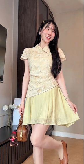 เดรสแขนสั้นทรงคอจีน เดรสตรุษจีน ซับในทั้งตัว แต่งเลเยอร์ผ้าระบาย รูปที่ 3