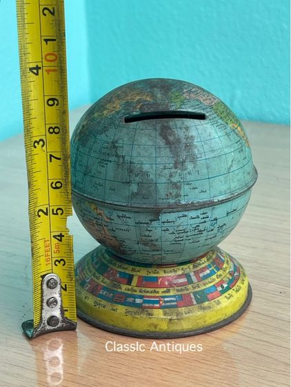 กระปุกออมสิน ลูกโลก สังกะสี เก่าโบราณสะสม รูปที่ 7