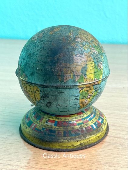 กระปุกออมสิน ลูกโลก สังกะสี เก่าโบราณสะสม รูปที่ 5