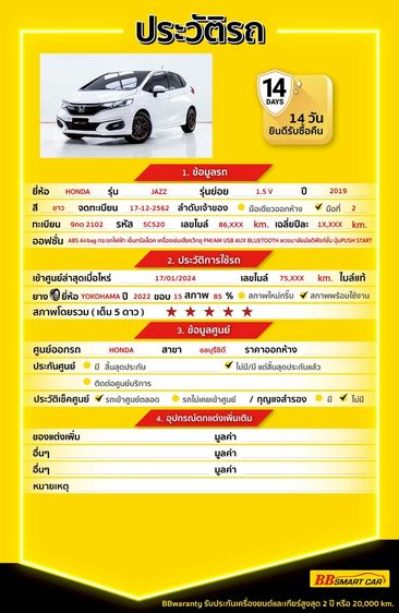 Honda Jazz 2019 1.5 V Sedan เบนซิน ไม่ติดแก๊ส เกียร์อัตโนมัติ ขาว รูปที่ 2