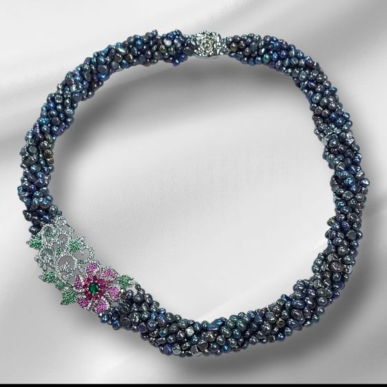 สร้อยคอและจี้ อัญมณี สร้อยคอพันเกลียวมุกเทาแท้ 4 มิล ดอกไม้ฝังพลอยCZ sterling silver925 ยาว19-20 นิ้ว