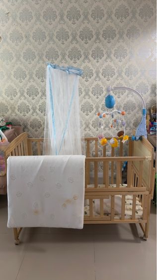 ที่นอนเด็ก เตียงไม้เด็กอ่อน-2ขวบ ที่นอนและหมอนยางพาราและมุ้ง