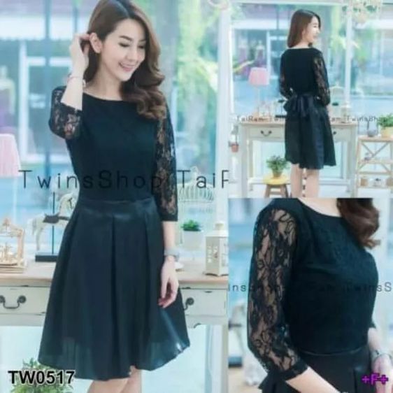 เดรสผ้าซาตินประดับลูกไม้ แขนสามส่วน มีซับใน รูปที่ 3