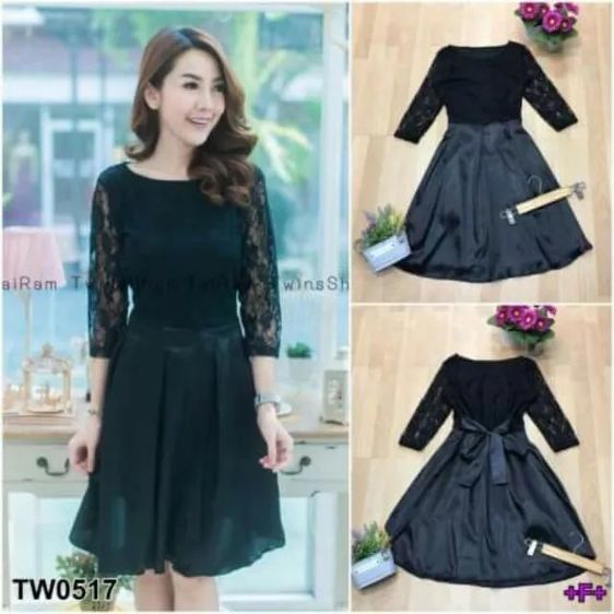 อื่นๆ เดรส | จั๊มสูท M ดำ แขนยาว เดรสผ้าซาตินประดับลูกไม้ แขนสามส่วน มีซับใน