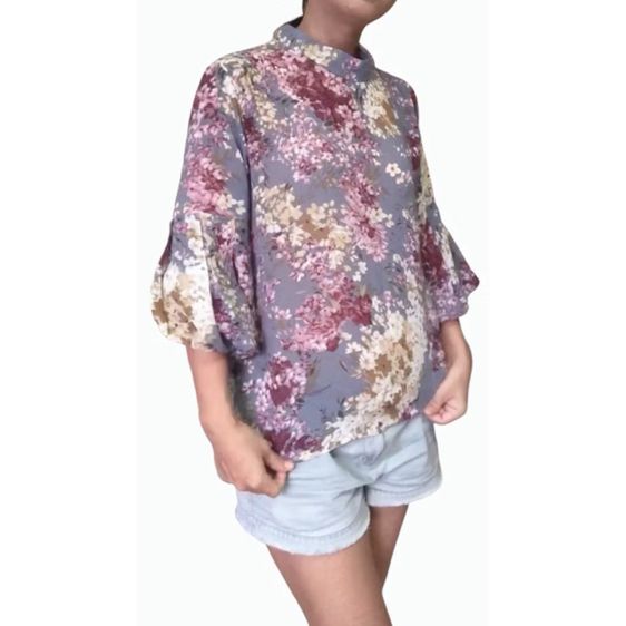 casual style เบลาส์ ลายดอก วินเทจ ไม่มีปก ผ้าเบา โปร่ง รูปที่ 16