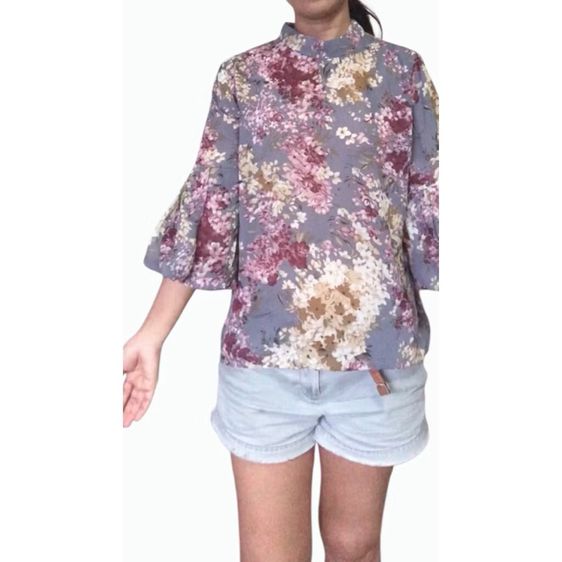 casual style เบลาส์ ลายดอก วินเทจ ไม่มีปก ผ้าเบา โปร่ง รูปที่ 14