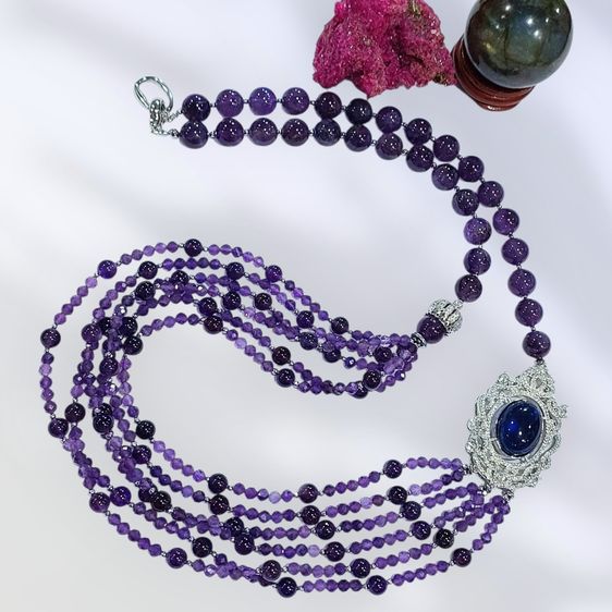 สร้อยคอและจี้ อัญมณี สร้อยคอ Amethysts stone 4 6 12 มิล จี้ตัวเรือนพลอยCZ sterling silver925 ยาว 30 นิ้ว