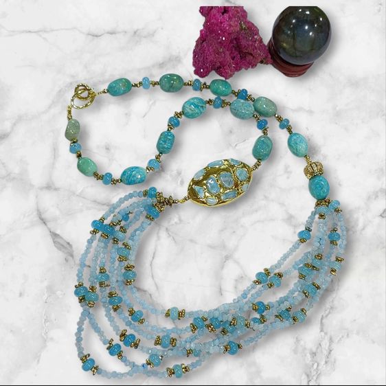 สร้อยคอเส้นคู่ Amazonite necklace stone Agateเจียร Hematite เส้นนอกยาว 30 นิ้ว รูปที่ 2