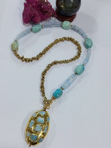 สร้อยคอเส้นคู่ Amazonite necklace stone Agateเจียร Hematite เส้นนอกยาว 30 นิ้ว รูปที่ 4