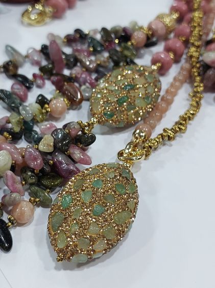 สร้อยคอเส้นคู่ Tourmaline Rhodonite ทรงฟักทองคั่นแร่ Hematiteทอง จี้Tourmaline เส้นนอกยาว 30 นิ้ว รูปที่ 5