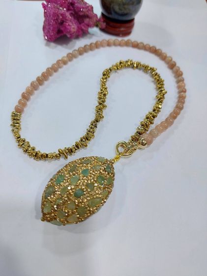 สร้อยคอเส้นคู่ Tourmaline Rhodonite ทรงฟักทองคั่นแร่ Hematiteทอง จี้Tourmaline เส้นนอกยาว 30 นิ้ว รูปที่ 4