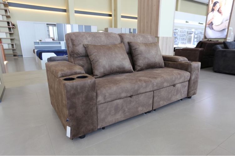 โซฟา สีน้ำตาล สามารถเป็นเตียงนอนได้ มีที่วางแก้วน้ำ รูปที่ 3