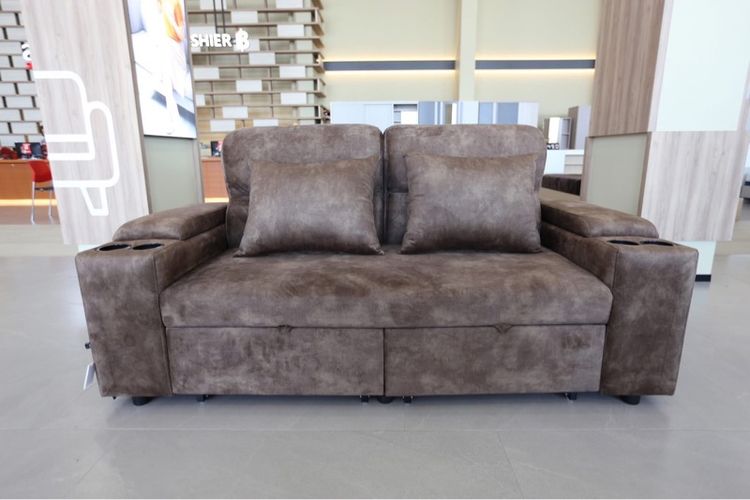 โซฟา สีน้ำตาล สามารถเป็นเตียงนอนได้ มีที่วางแก้วน้ำ รูปที่ 4