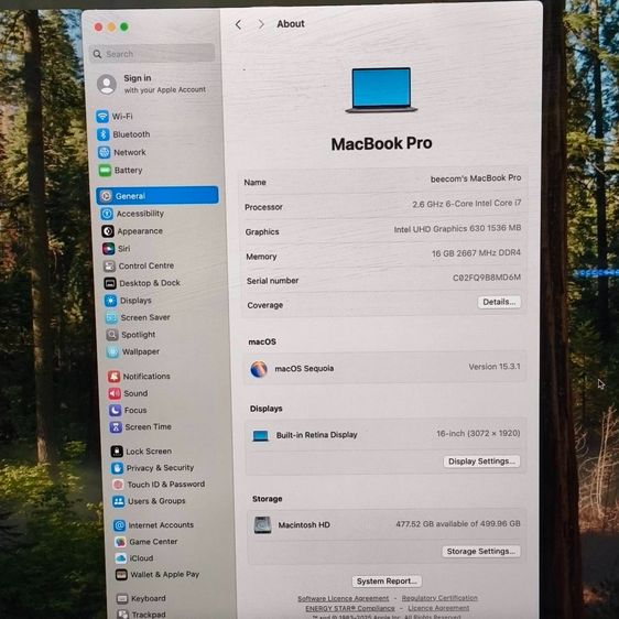 MacBook Pro 16” 2019 i7 6-Core RAM 16GB SSD 512GB Retina 3072x1920 Cycle 191 รูปที่ 9