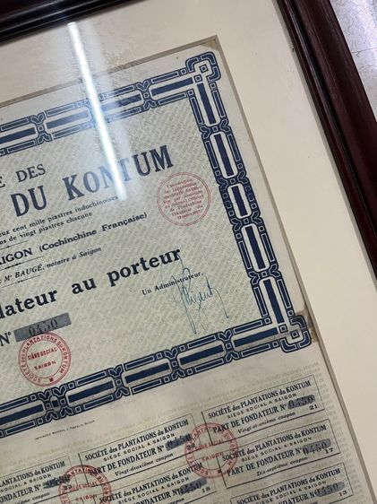 📜 เอกสารหุ้นเก่าแท้ สมัยอินโดจีนฝรั่งเศส SOCIÉTÉ DES PLANTATIONS DU KONTUM รูปที่ 2