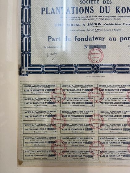 📜 เอกสารหุ้นเก่าแท้ สมัยอินโดจีนฝรั่งเศส SOCIÉTÉ DES PLANTATIONS DU KONTUM รูปที่ 3
