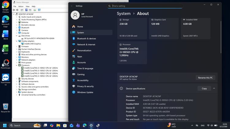โน้ตบุ๊ค HP 15s-fq1000tu I3-1005G1 RAM 4GB SSD 256GB VGA Intel UHD แบตดี รูปที่ 7