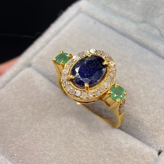 📌 แหวนเงินแท้ชุบทอง พลอยแท้ไพลิน💙มรกต💚ล้อมเพชรแท้ เพชรซีก💎ไซส์ 56  รูปที่ 3