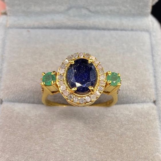 📌 แหวนเงินแท้ชุบทอง พลอยแท้ไพลิน💙มรกต💚ล้อมเพชรแท้ เพชรซีก💎ไซส์ 56 