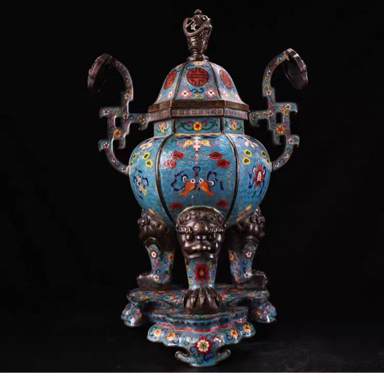 ✨กระถางธูปคู่ใหญ่ ทำจากทองแดงแท้  ฝีมือประณีต เคลือบอีนาเมลแบบคลัวซองเน่  นูนสูง รูปหูนกฟีนิกซ์ ฝาปิดรูปสิงโต สไตล์จีนโบราณ รูปที่ 3