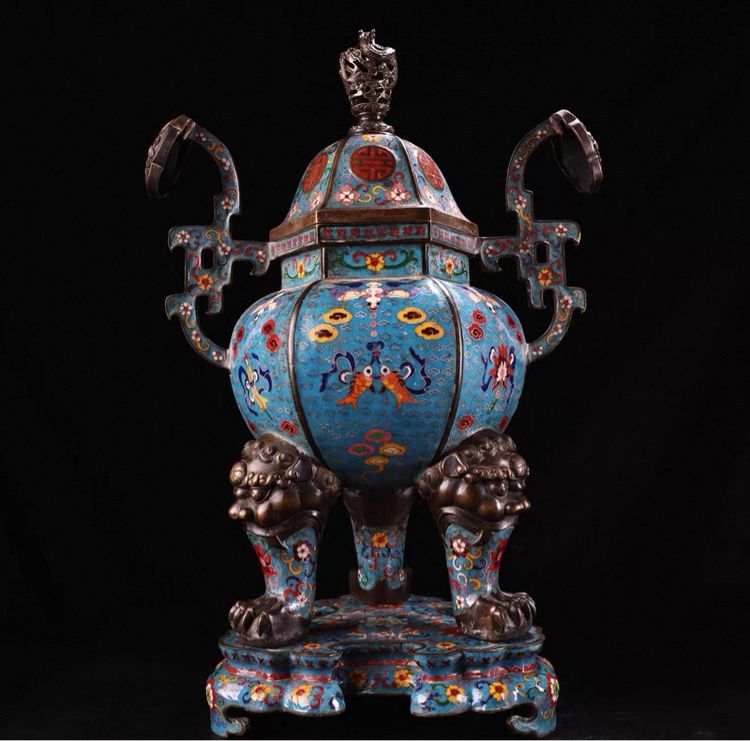 ✨กระถางธูปคู่ใหญ่ ทำจากทองแดงแท้  ฝีมือประณีต เคลือบอีนาเมลแบบคลัวซองเน่  นูนสูง รูปหูนกฟีนิกซ์ ฝาปิดรูปสิงโต สไตล์จีนโบราณ รูปที่ 2