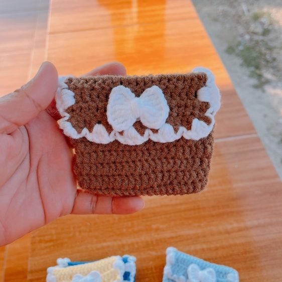 กระเป๋าใส่เหรียญถักไหมพรม โบว์ลูกไม้ แฮนด์เมด กระเป๋าไหมพรมพาสเทล รูปที่ 6