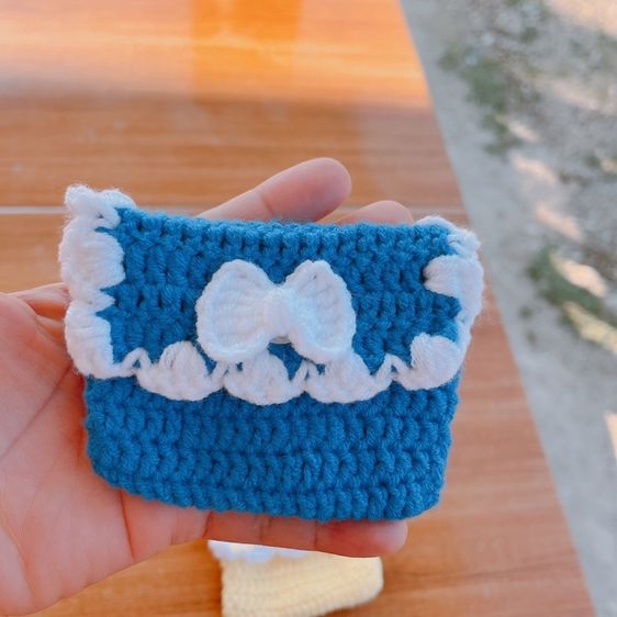 กระเป๋าใส่เหรียญถักไหมพรม โบว์ลูกไม้ แฮนด์เมด กระเป๋าไหมพรมพาสเทล รูปที่ 3