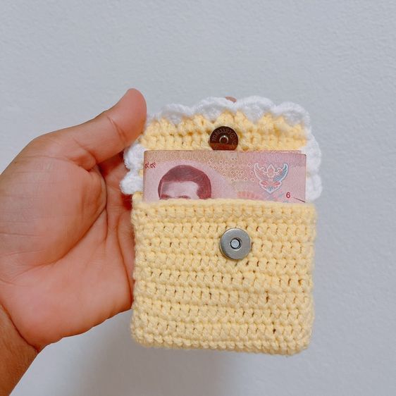 กระเป๋าใส่เหรียญถักไหมพรม โบว์ลูกไม้ แฮนด์เมด กระเป๋าไหมพรมพาสเทล รูปที่ 7