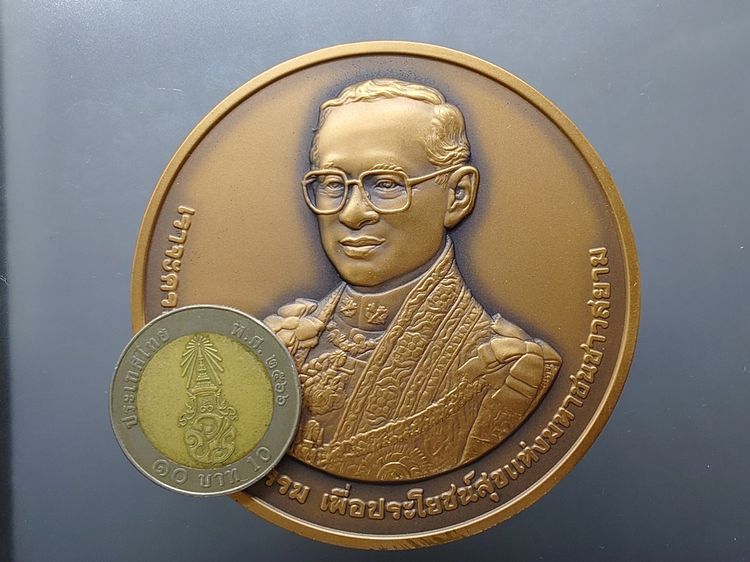 เหรียญที่ระลึกครบ 60 ปี พระบรมราชาภิเษก รัชกาลที่ 9 พ.ศ.2553 "เนื้อทองแดงรมดำ ขนาด 7 เซน อุปกรณ์ครบ รูปที่ 4