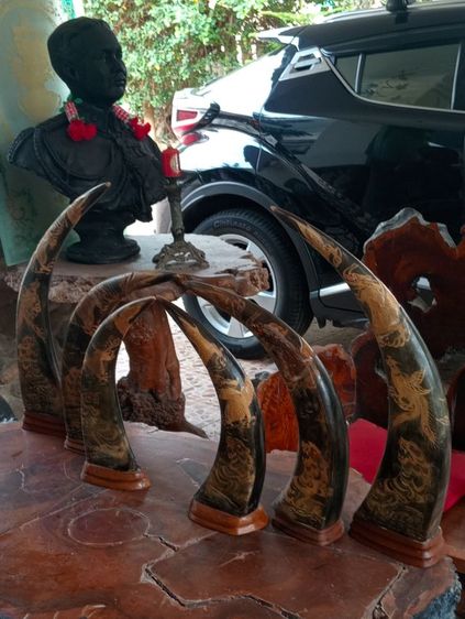 3ชุด6ชิ้น เขาแท้แกะลายเสือมังกรฐานไม้สักเก่าโบราณสภาพเยี่ยม รูปที่ 4