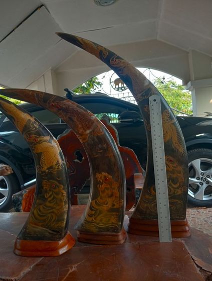 3ชุด6ชิ้น เขาแท้แกะลายเสือมังกรฐานไม้สักเก่าโบราณสภาพเยี่ยม รูปที่ 10