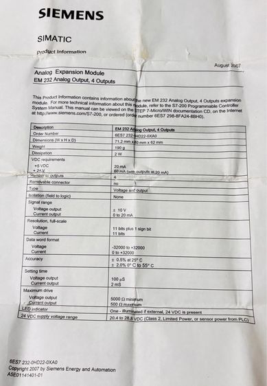 Siemens SIMATIC S7-200 EM 232 (รหัส 6ES7 232-0HD22-0XA0)  รูปที่ 4