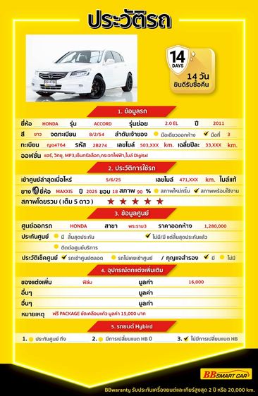 Honda Accord 2011 2.0 EL Sedan เบนซิน ไม่ติดแก๊ส เกียร์อัตโนมัติ ขาว รูปที่ 2