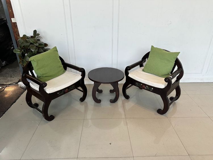 ชุดรับแขก 2 ที่นั่ง เบาะผ้าลูกฝูกสีครีมหมอนอิงผ้าสีเขียว พร้อมโต๊ะกลาง รูปที่ 2