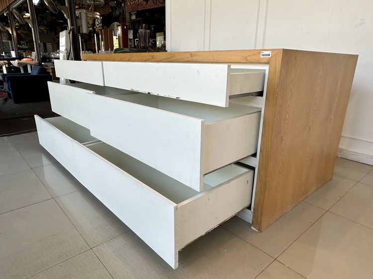 เคาน์เตอร์ 6 ลิ้นชัก ท็อปมีรูร้อยสายไฟ โครงไม้ MDF สีบีชลายไม้  รูปที่ 14