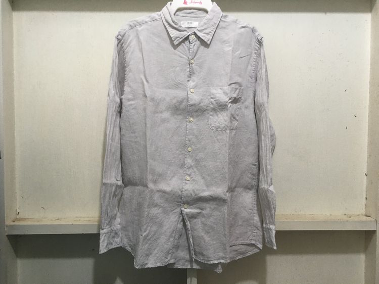 XL เสื้อเชิ้ต ผ้าลินิน  แบรนด์ UNIQLO สีเทาอมกากี