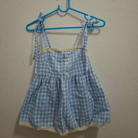 เสื้อสายเดี่ยว สีฟ้า ลายตาราง ผูกเชือก