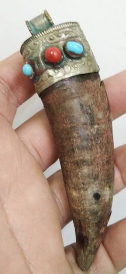 3036-เครื่องรางเขาโบราณ ตีหุ้มโคนลายไม้เลื้อยกนกโบราณ เก่าเข้มขลัง ขนาดความยาวรวมประมาณ 4 นิ้ว รูปที่ 12