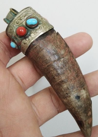 3036-เครื่องรางเขาโบราณ ตีหุ้มโคนลายไม้เลื้อยกนกโบราณ เก่าเข้มขลัง ขนาดความยาวรวมประมาณ 4 นิ้ว รูปที่ 16