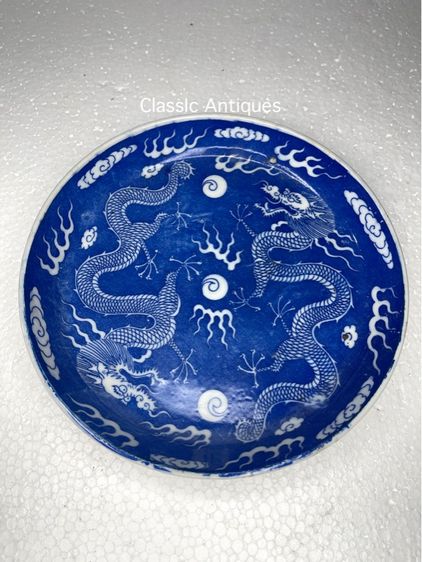 จาน มังกรคู่ ลายคราม โบราณเก่าสะสม