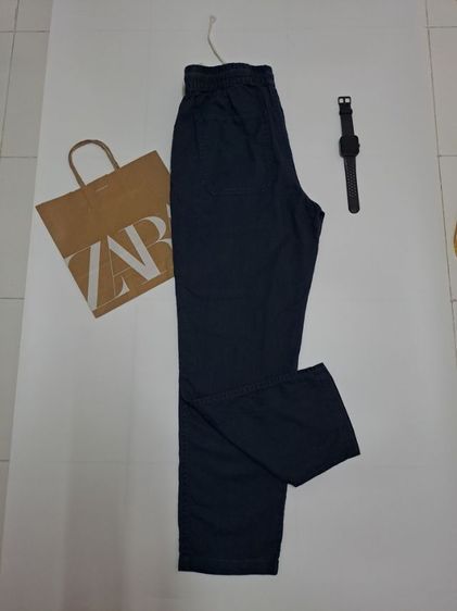กางเกงขายาวสีกรมเอวยืด มีเชือกปรับ ผ้าฝ้าย,ลินิน แบรนด์ ZARA รูปที่ 3