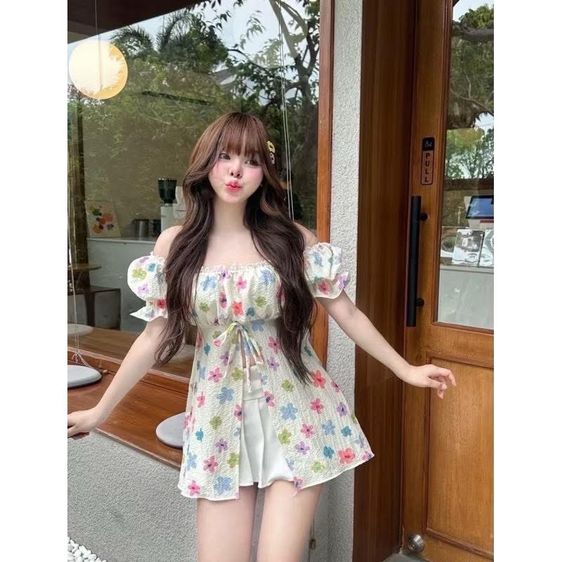 แขนสั้น ขาว ฟรีไซส์ เสื้อเชิ้ตและเสื้อผู้หญิง Sweety💖 ♡ เดรสแต่งลูกไม้น่ารักมาก ♡ 🍎 แขนตุ๊กตา🧸