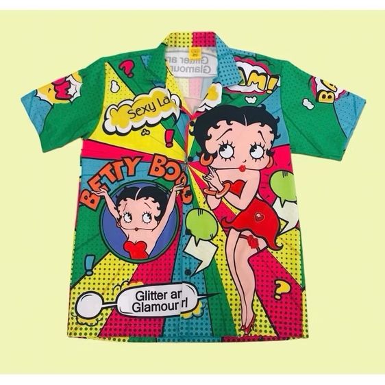 เสื้อเชิ้ตฮาวายแขนสั้น ลาย Betty Boop เสื้อเชิ้ตต่อลาย ผ้าไหมอิตาลีแท้ ผ้านิ่มใส่สบายไม่ร้อน ยับยาก ไม่ต้องรีด สีไม่ตก ไม่ย้วย ไม่หด รูปที่ 6