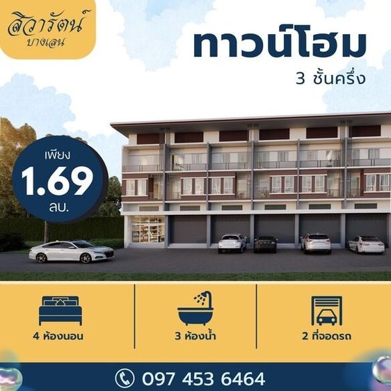 หมู่บ้านสิวารัตน์ 10 บางเลน  อาคารพาณิชย์ 3 ชั้นครึ่งพร้อมอยู่ 