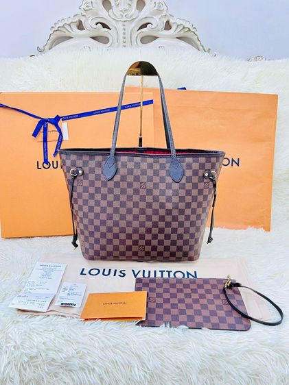 Louis Vuitton หนังแท้ หญิง น้ำตาล กระเป๋า LV Neverfull MM Damier DC20 สภาพใช้งาน