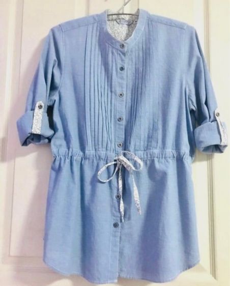 ฟ้า เสื้อเชิ้ตและเสื้อผู้หญิง เสื้อสตรี แขนพับ ล๊อกได้