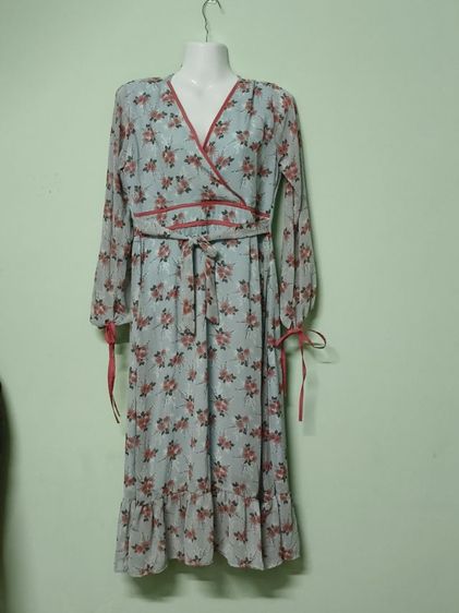 แขนยาว M เดรส | จั๊มสูท เดรสลายดอกไม้สีฟ้า