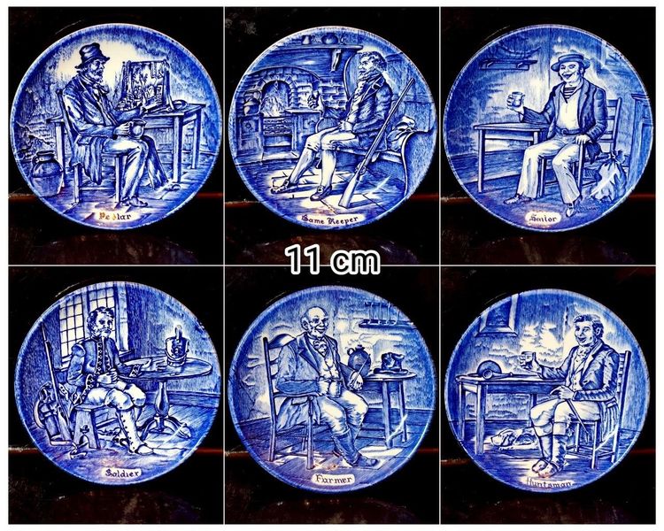 ชุดจานสะสมวินเทจสีน้ำเงินและขาวลายอาชีพต่างๆ จากแบรนด์ Enoch Wedgwood 